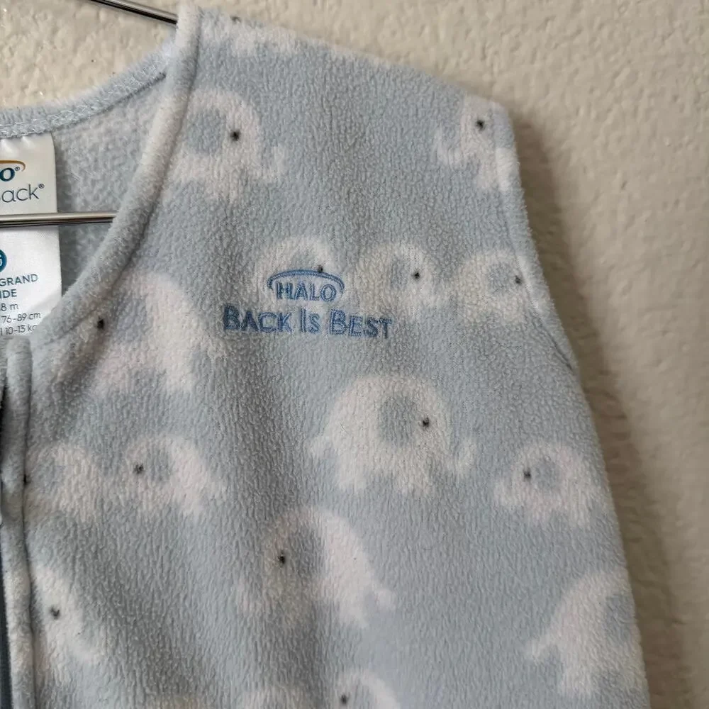 Halo elephant print fleece sleep sack light blue white